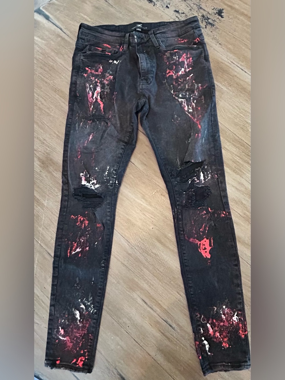 Jordan Craig Black Skinny Jeans with Red & White Paint Detail